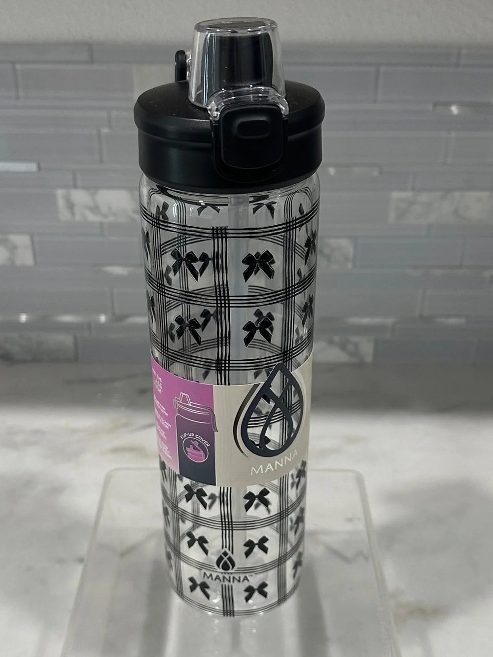 Glass Push 32 oz Reusable Leak-Proof Glass Water Bottle - Black Bow Pattern
